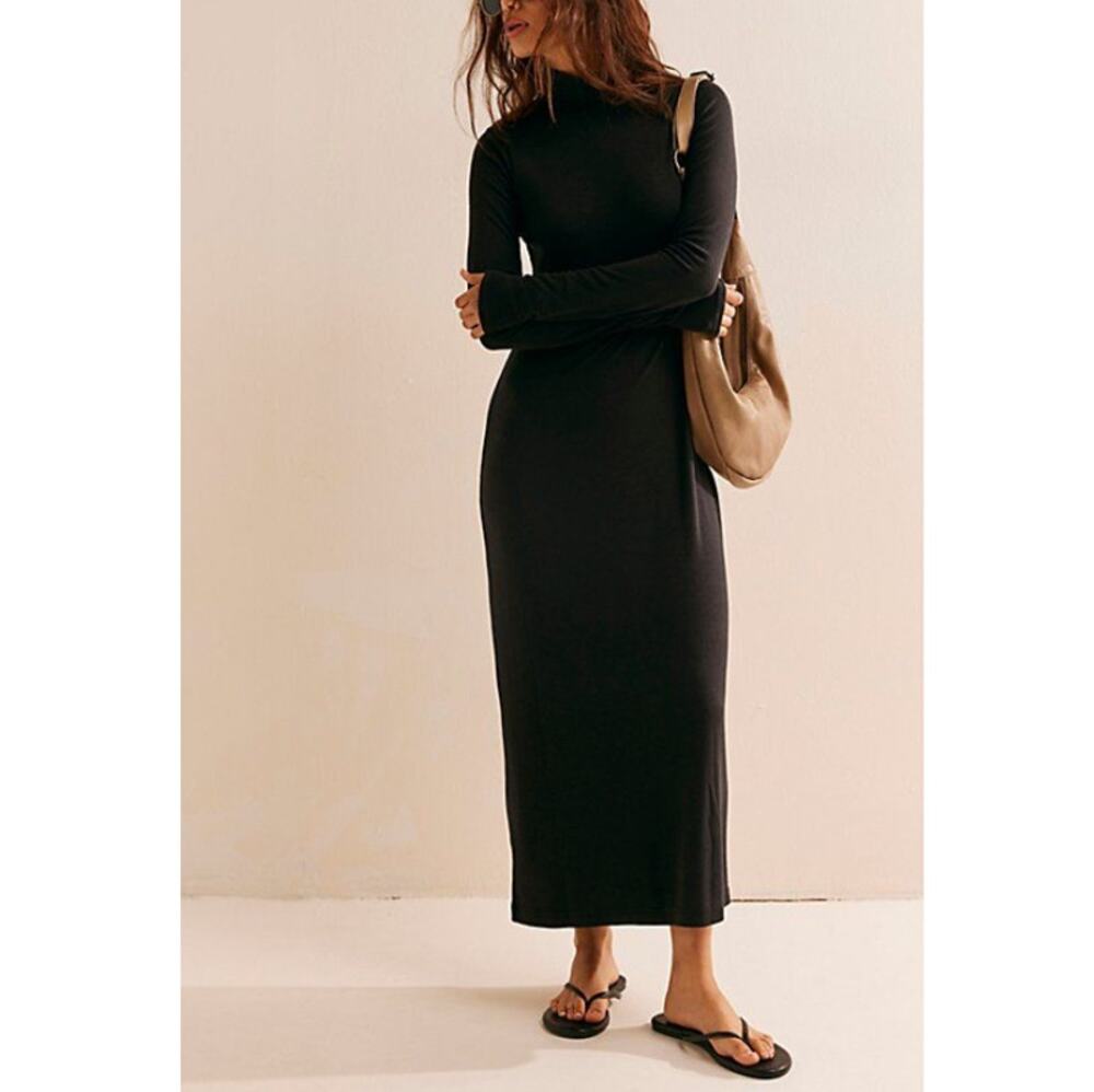 New Free People Free-Est Women's Black Good Feels Mockneck Midi Dress Size S